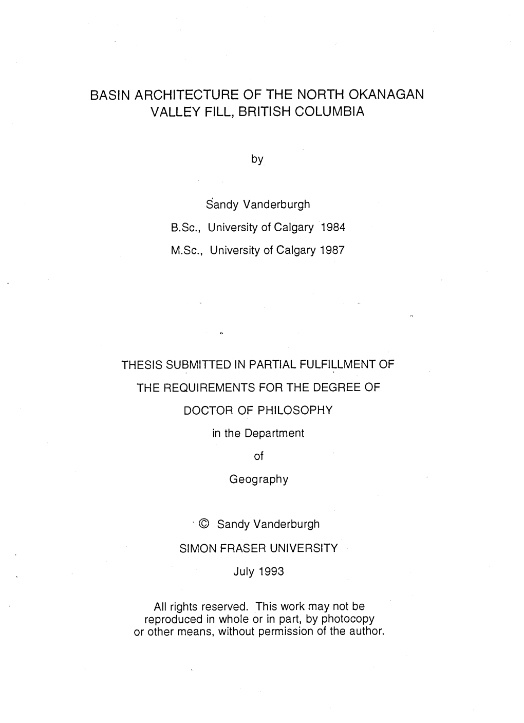 Basin Architecture of the North Okanagan Valley Fill, British Columbia