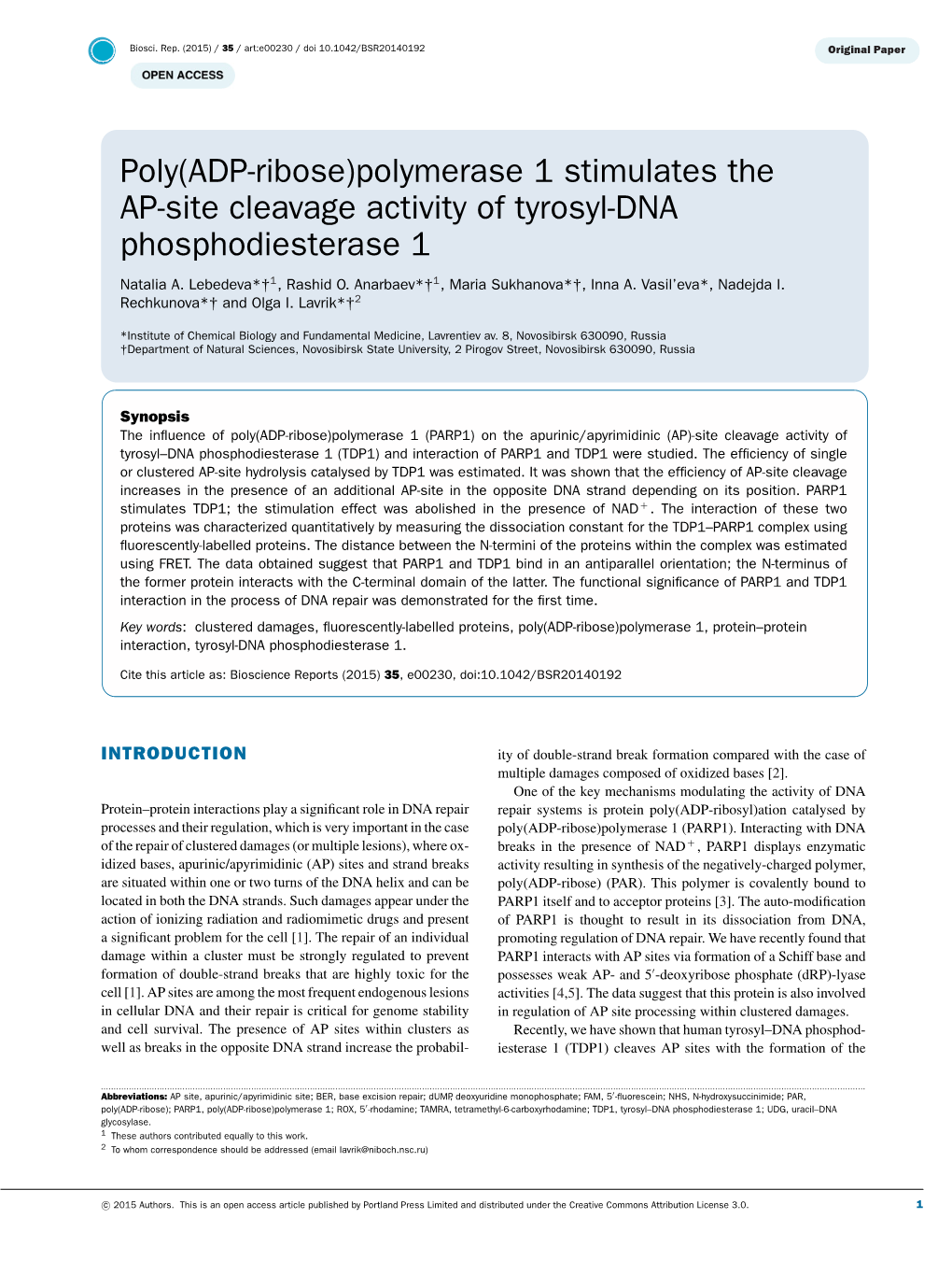 Poly(ADP-Ribose)Polymerase 1 Stimulates the AP-Site Cleavage Activity of Tyrosyl-DNA Phosphodiesterase 1