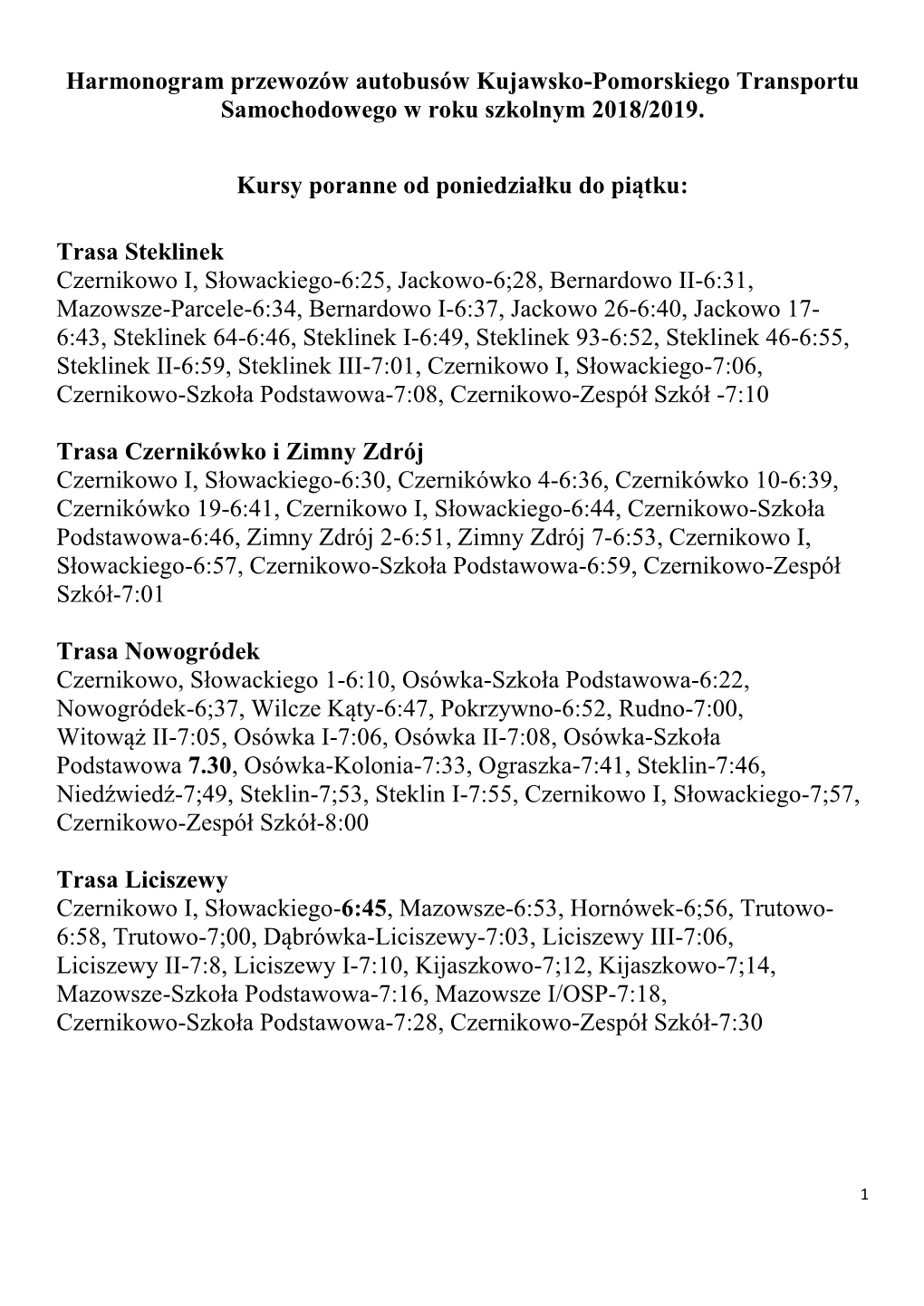 Harmonogram Przewozów Autobusów Kujawsko-Pomorskiego Transportu Samochodowego W Roku Szkolnym 2018/2019