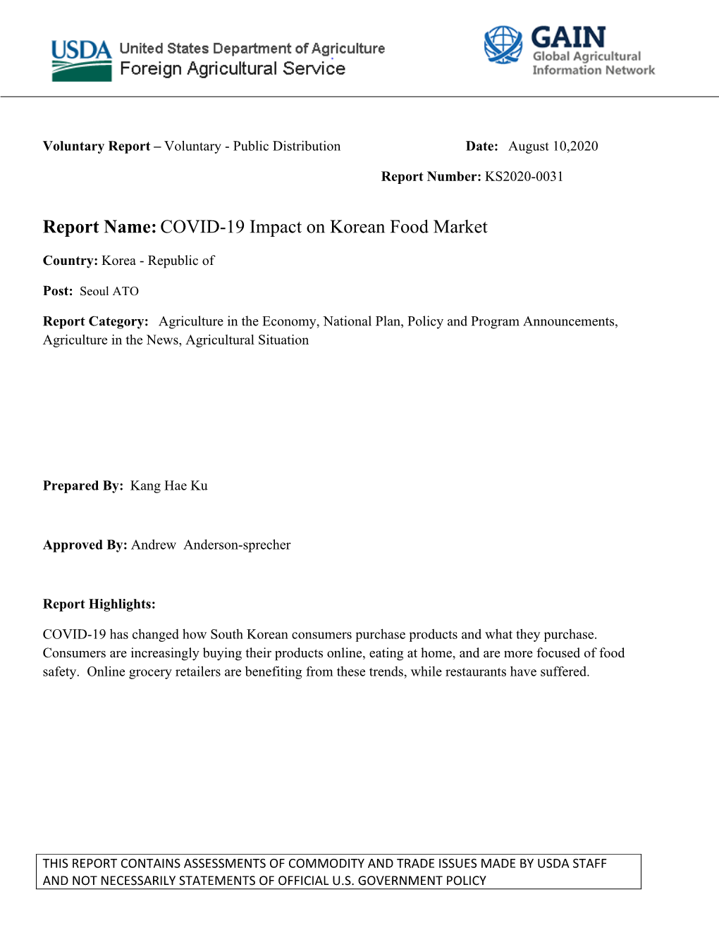 Report Name:COVID-19 Impact on Korean Food Market