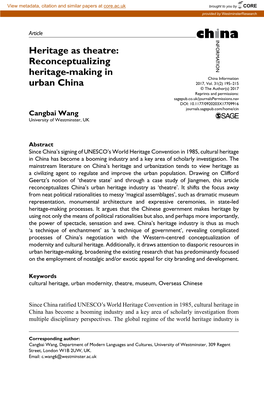 Heritage As Theatre: Reconceptualizing Heritage-Making in China Information Urban China 2017, Vol