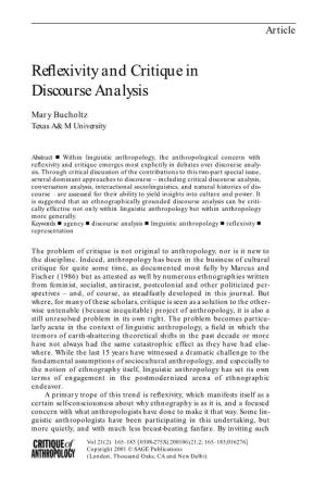 Reflexivity and Critique in Discourse Analysis