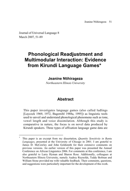 Phonological Readjustment and Multimodular Interaction: Evidence from Kirundi Language Games*1