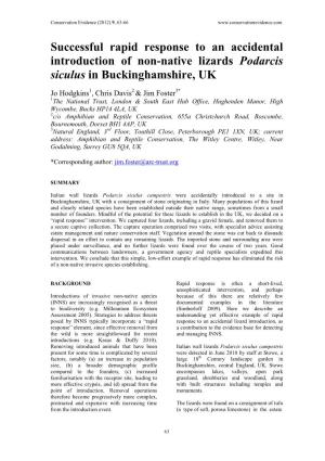 Successful Rapid Response to an Accidental Introduction of Non-Native Lizards Podarcis Siculus in Buckinghamshire, UK