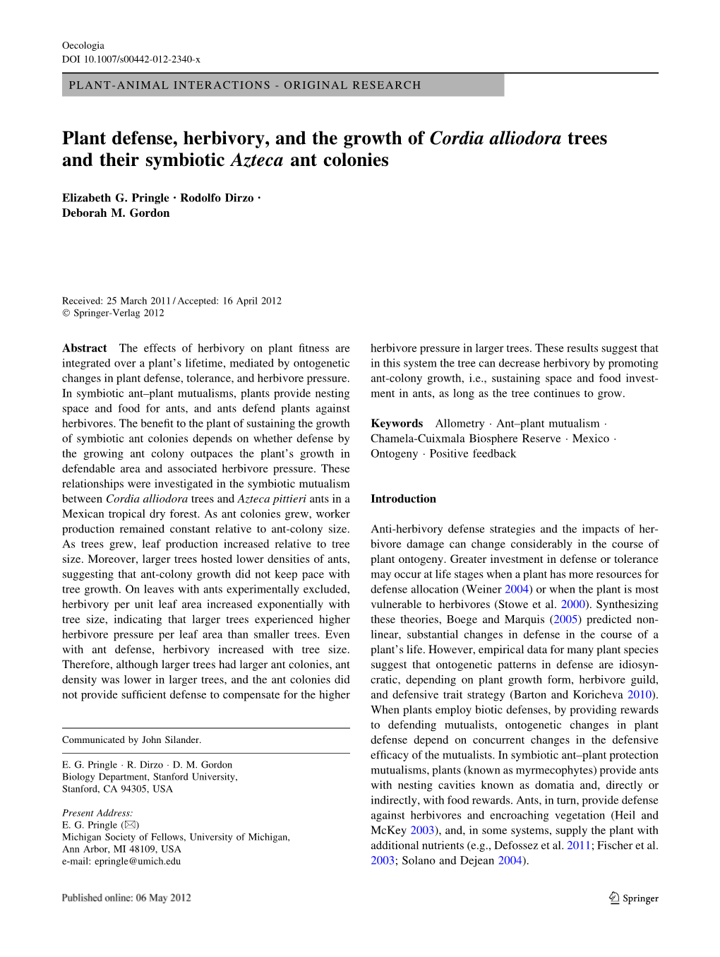 Plant Defense, Herbivory, and the Growth of Cordia Alliodora Trees and Their Symbiotic Azteca Ant Colonies