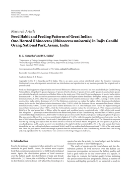 Food Habit and Feeding Patterns of Great Indian One-Horned Rhinoceros (Rhinoceros Unicornis) in Rajiv Gandhi Orang National Park, Assam, India