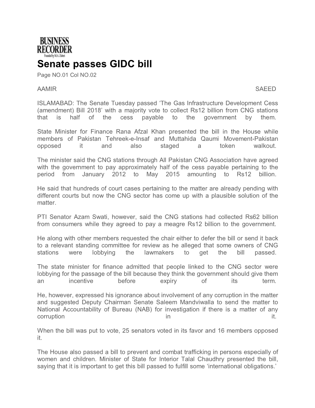 Senate Passes GIDC Bill Page NO.01 Col NO.02