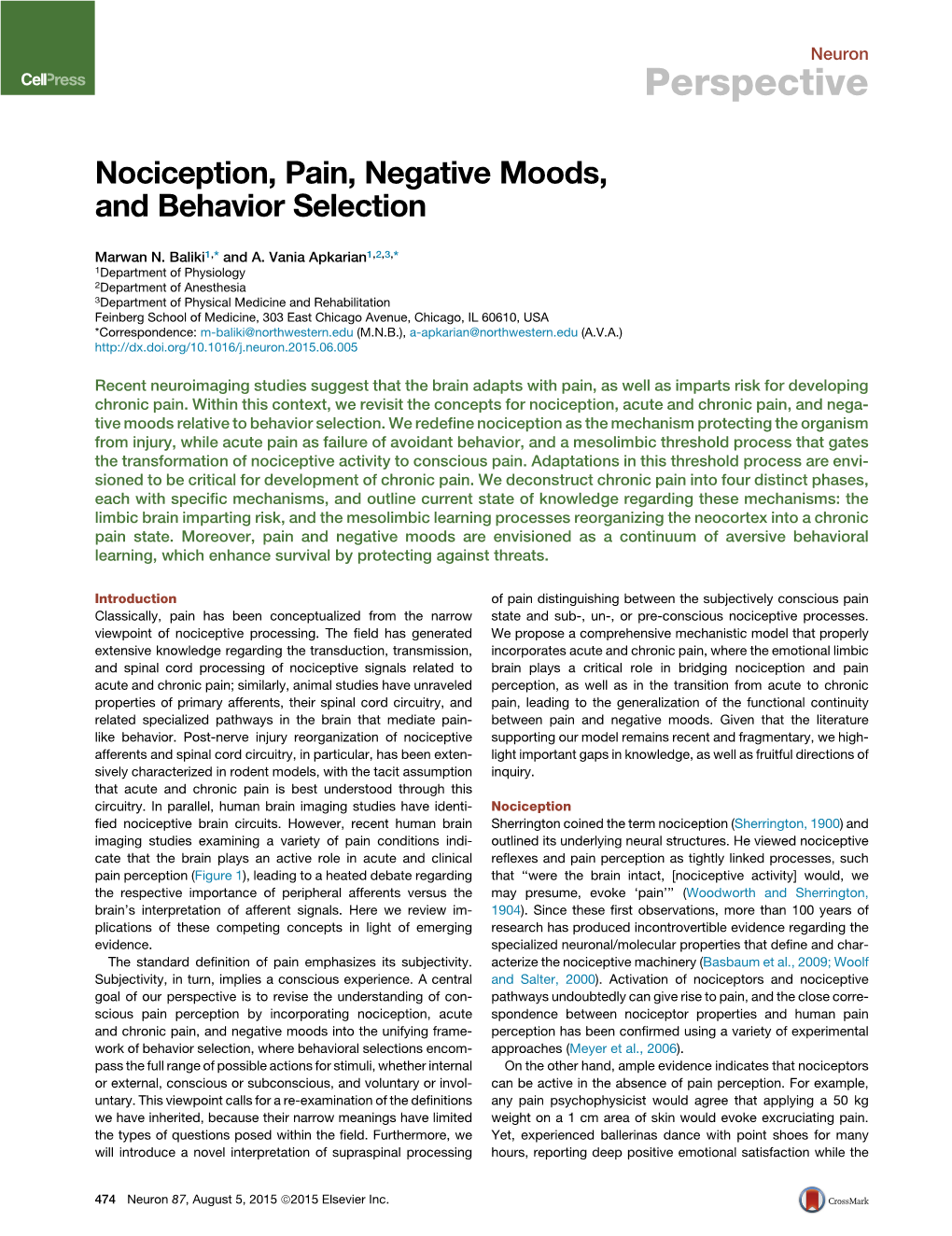 Nociception, Pain, Negative Moods, and Behavior Selection