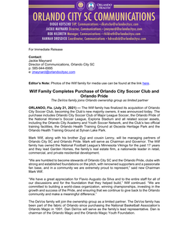 Wilf Family Completes Purchase of Orlando City Soccer Club and Orlando Pride the Devos Family Joins Orlando Ownership Group As Limited Partner