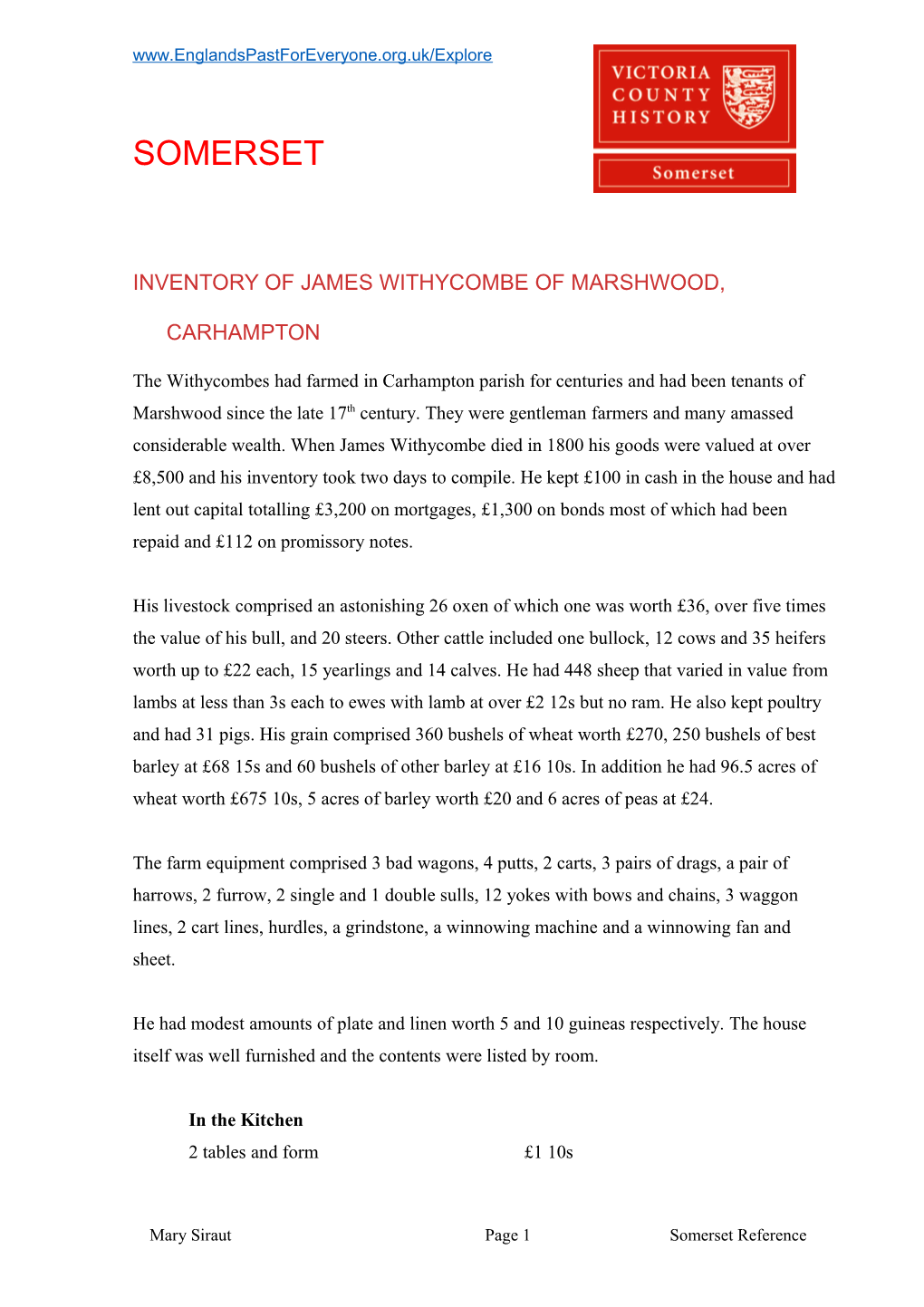 Inventory of James Withycombe of Marshwood, Carhampton