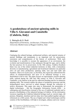 A Geodatabase of Ancient Spinning Mills in Villa S. Giovanni and Cannitello (Calabria, Italy)