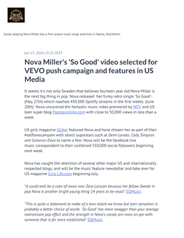 Nova Miller's 'So Good' Video Selected for VEVO Push Campaign and Features in US Media