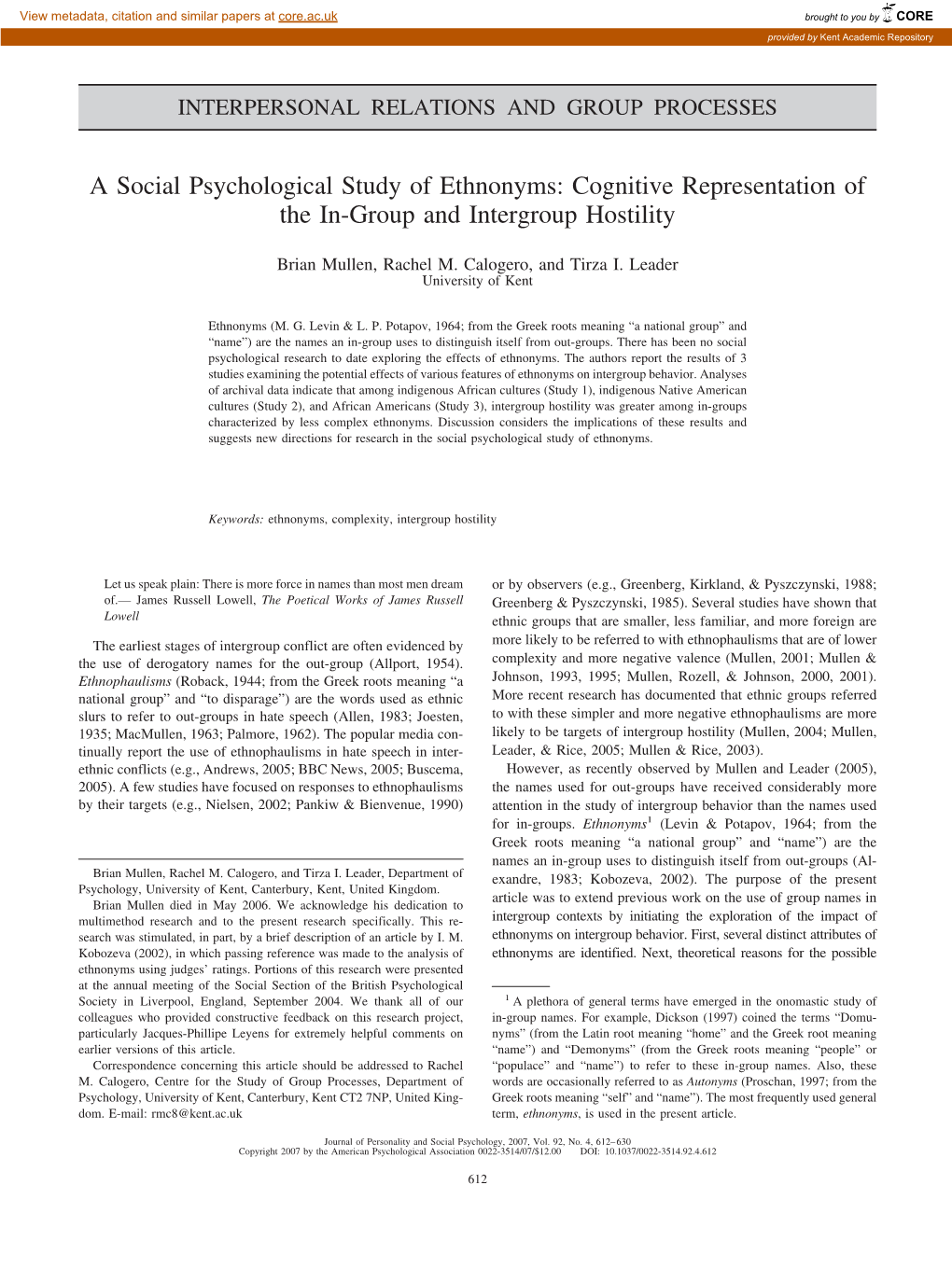 A Social Psychological Study of Ethnonyms: Cognitive Representation of the In-Group and Intergroup Hostility