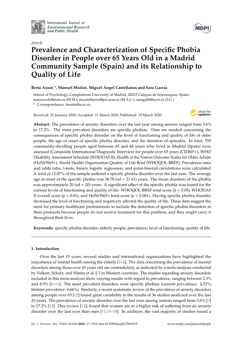 Prevalence and Characterization of Specific Phobia Disorder in People Over 65 Years Old in a Madrid Community Sample