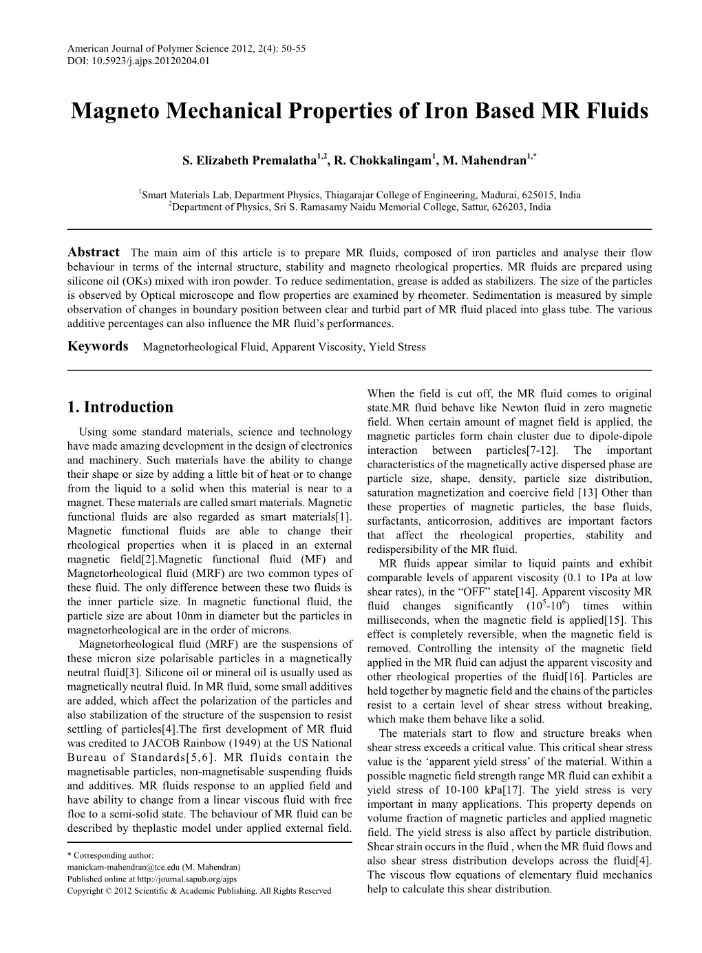 Magnetorheological Fluid, Apparent Viscosity, Yield Stress