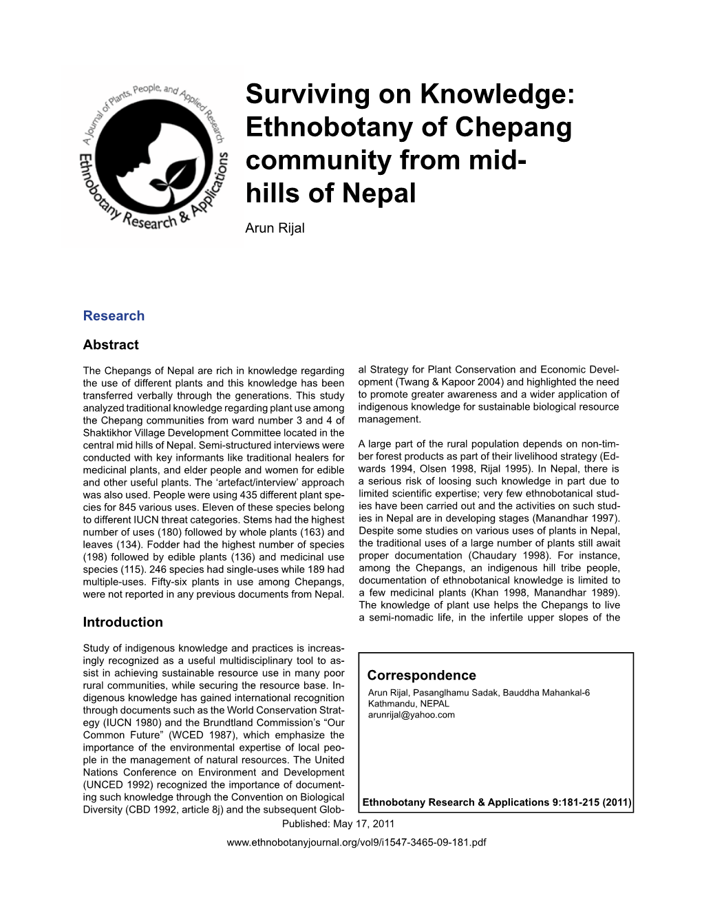 Ethnobotany of Chepang Community from Mid- Hills of Nepal Arun Rijal