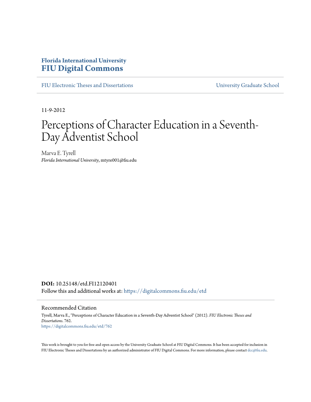 Perceptions of Character Education in a Seventh-Day Adventist School