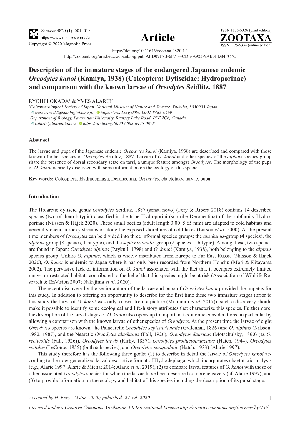 (Kamiya, 1938) (Coleoptera: Dytiscidae: Hydroporinae) and Comparison with the Known Larvae of Oreodytes Seidlitz, 1887