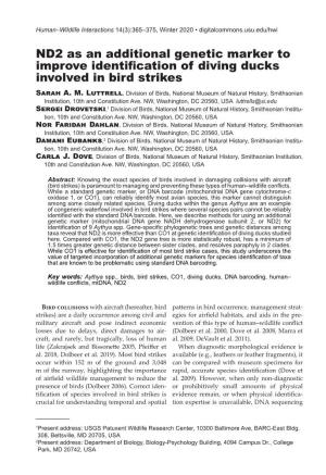 ND2 As an Additional Genetic Marker to Improve Identification of Diving Ducks Involved in Bird Strikes Sarah A