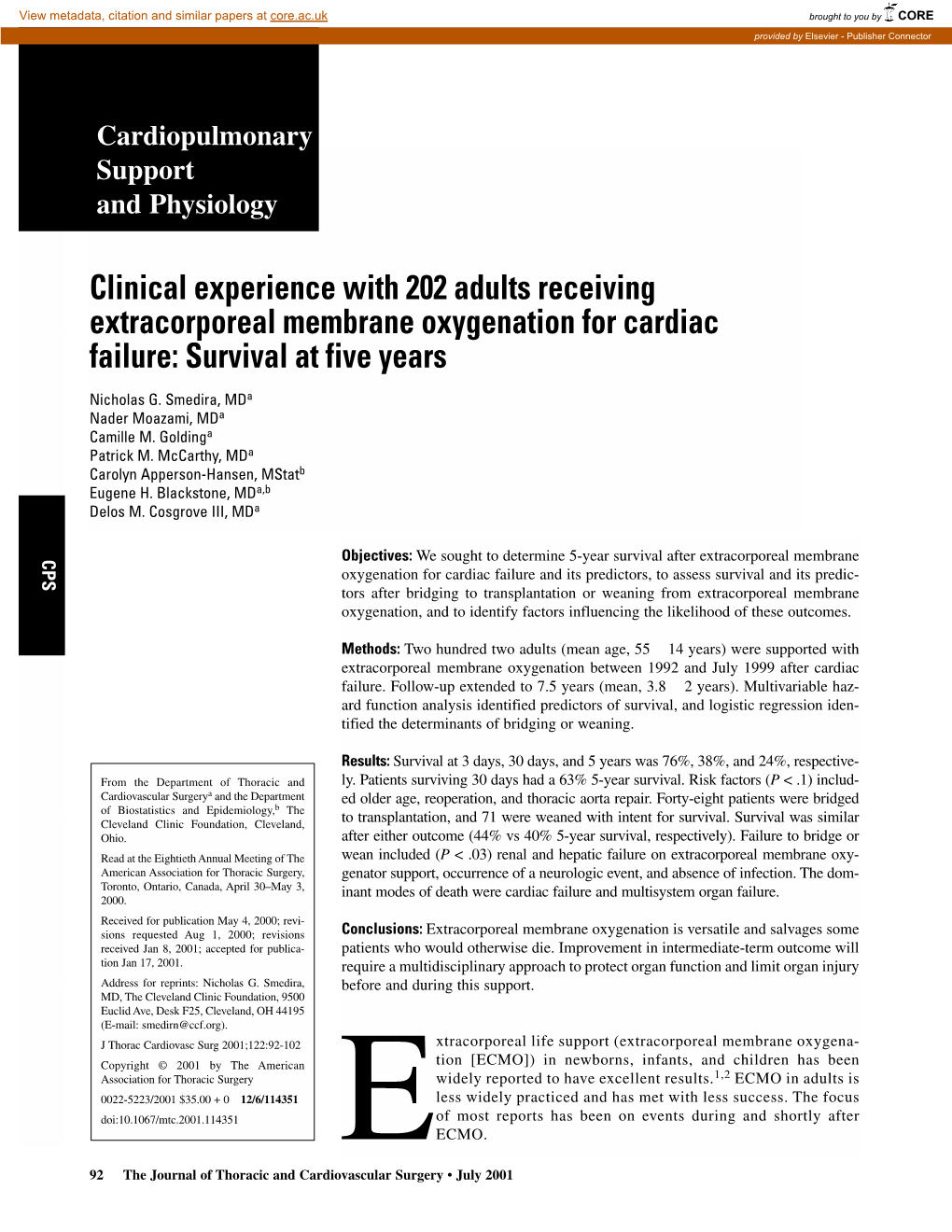 Clinical Experience with 202 Adults Receiving Extracorporeal Membrane Oxygenation for Cardiac Failure: Survival at Five Years