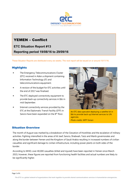 YEMEN – Conflict ETC Situation Report #13 Reporting Period 19/08/16 to 29/09/16