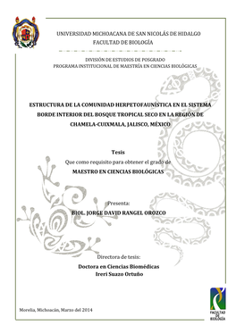 Universidad Michoacana De San Nicolás De Hidalgo Facultad De Biología Estructura De La Comunidad Herpetofaunística En El Sist