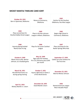 Mickey Mantle Timeline Card Sort