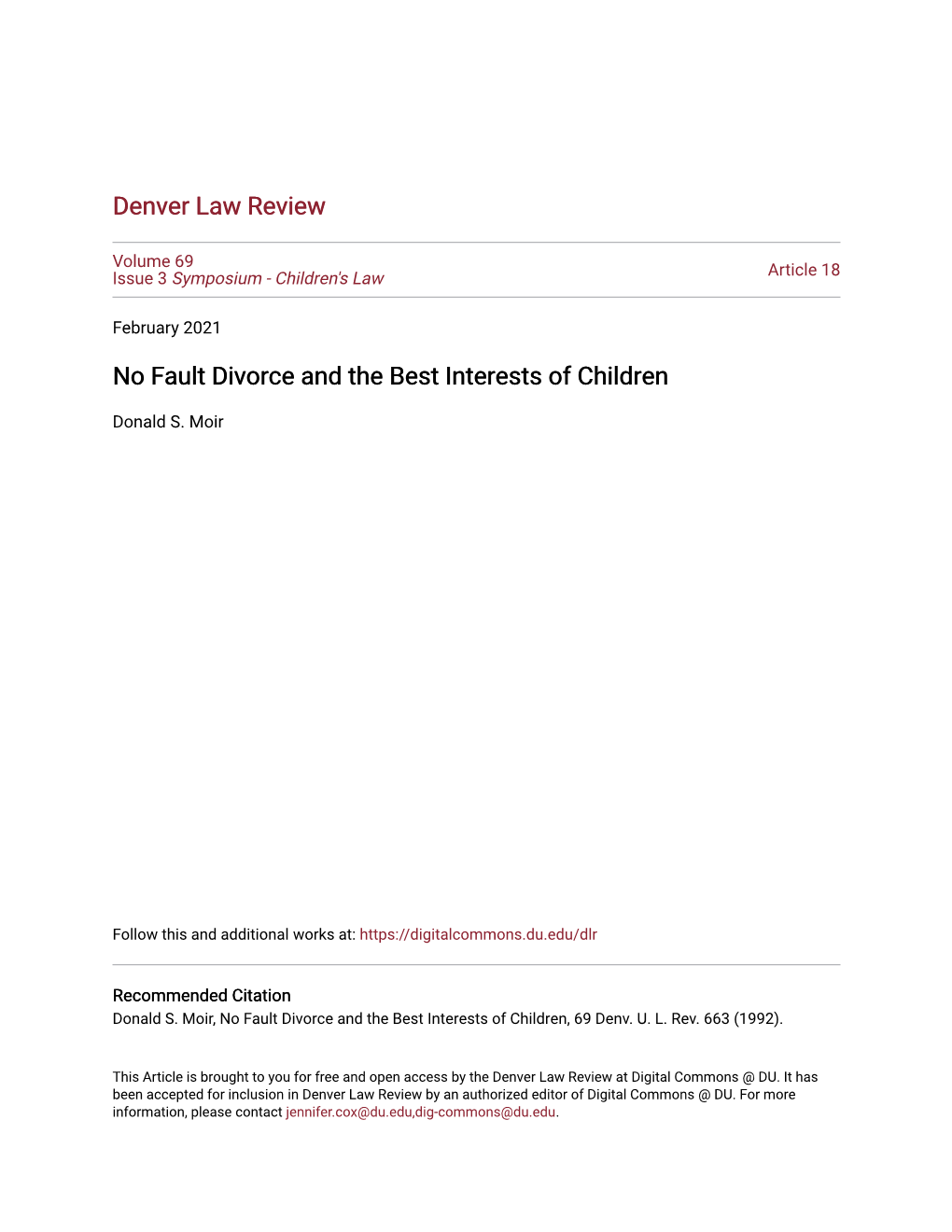 No Fault Divorce and the Best Interests of Children
