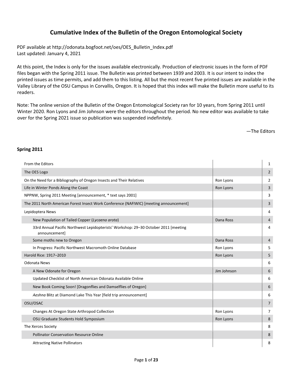 Cumulative Index of the Bulletin of the Oregon Entomological Society