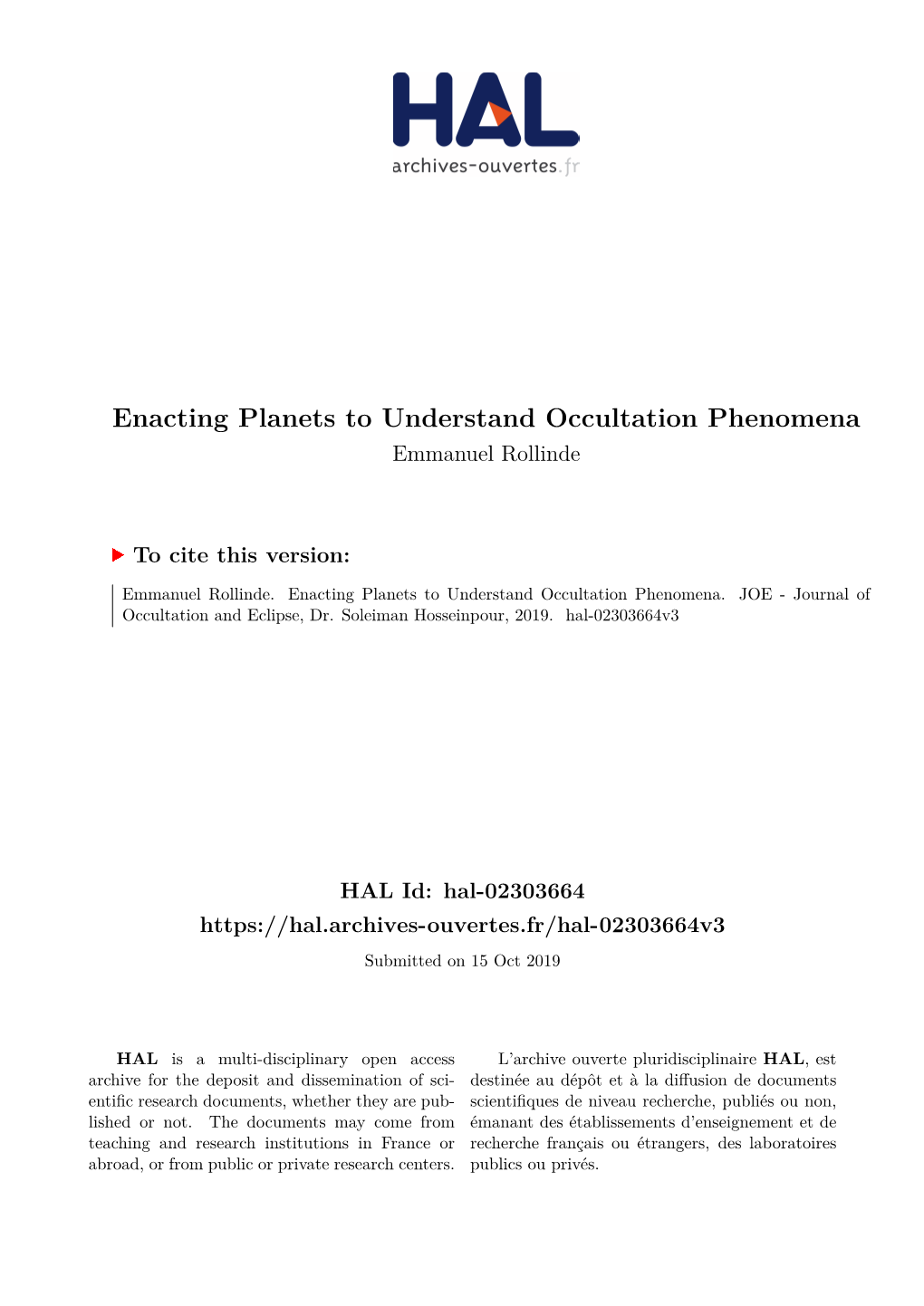 Enacting Planets to Understand Occultation Phenomena Emmanuel Rollinde