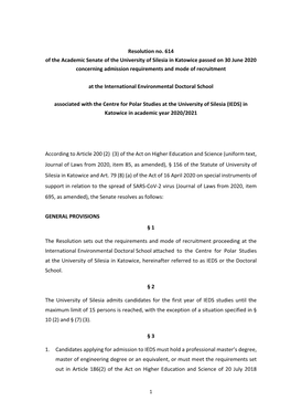 Resolution No. 614 of the Academic Senate of the University of Silesia in Katowice Passed on 30 June 2020 Concerning Admission Requirements and Mode of Recruitment