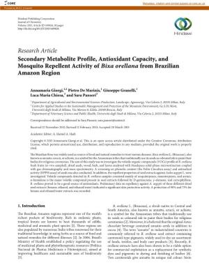 Secondary Metabolite Profile, Antioxidant Capacity, and Mosquito Repellent Activity of Bixa Orellana from Brazilian Amazon Region
