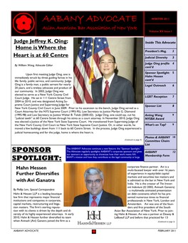 AABANY ADVOCATE WINTER 2011 Asian American Bar Association of New York Volume XII Issue I