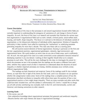 Institutional Transmission of Inequality Fall 2016 Thursday, 1:00-3:40Pm