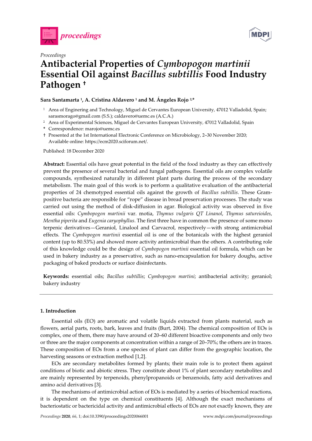 Antibacterial Properties of Cymbopogon Martinii Essential Oil Against Bacillus Subtillis Food Industry Pathogen †