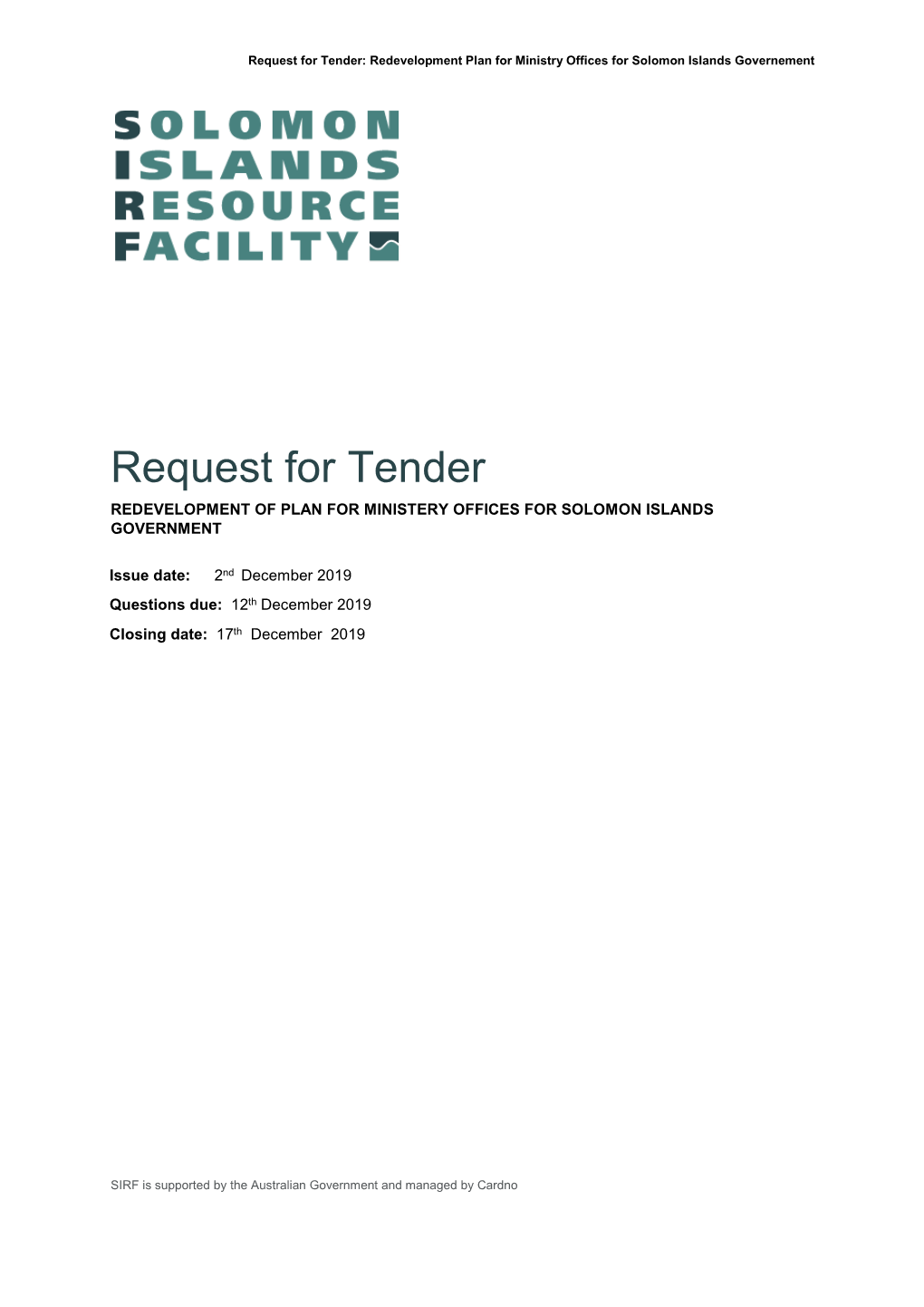 Request for Tender: Redevelopment Plan for Ministry Offices for Solomon Islands Governement