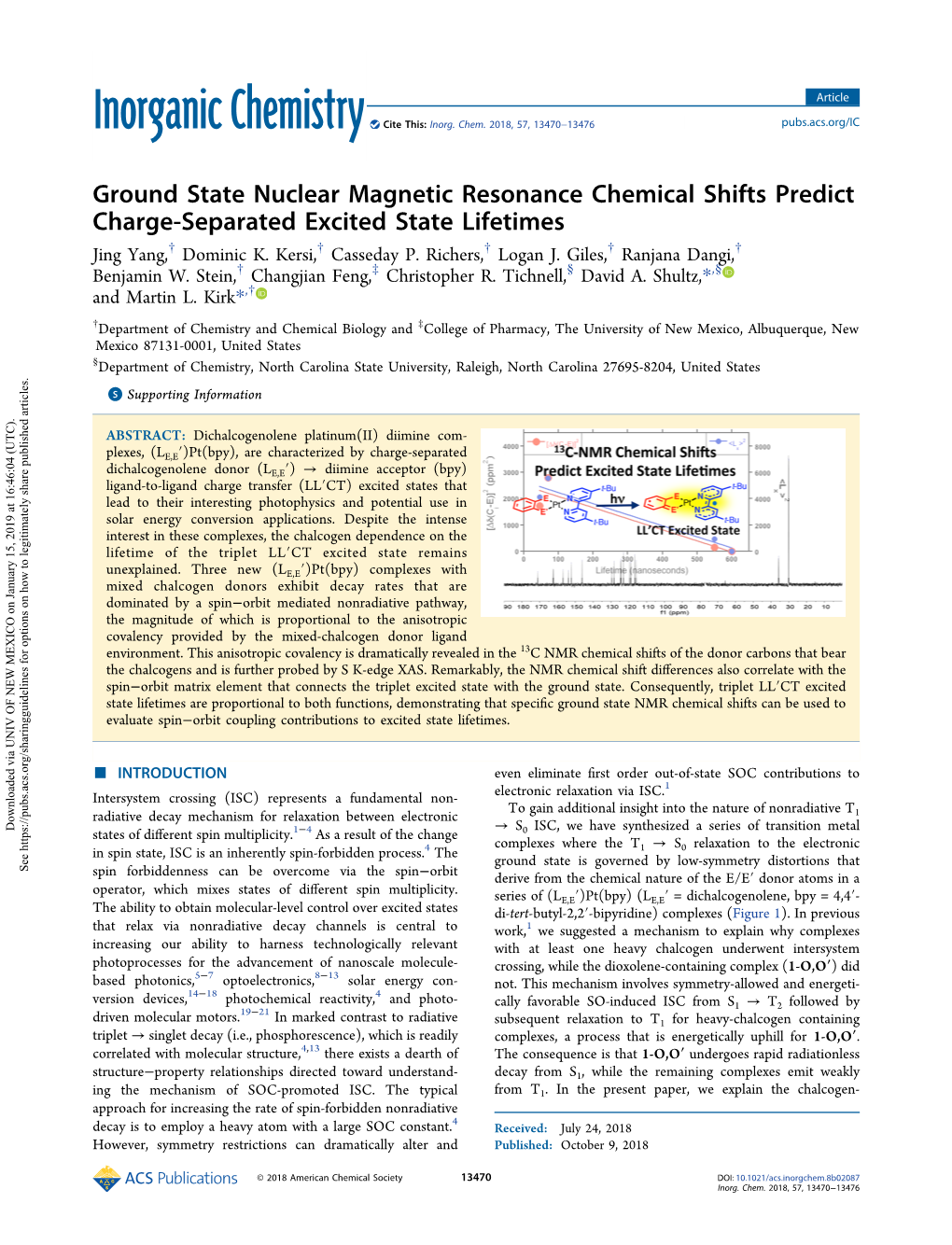 Ground State Nuclear Magnetic Resonance Chemical Shifts Predict Charge-Separated Excited State Lifetimes † † † † † Jing Yang, Dominic K