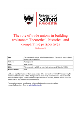 The Role of Trade Unions in Building Resistance: Theoretical, Historical and Comparative Perspectives Darlington, R