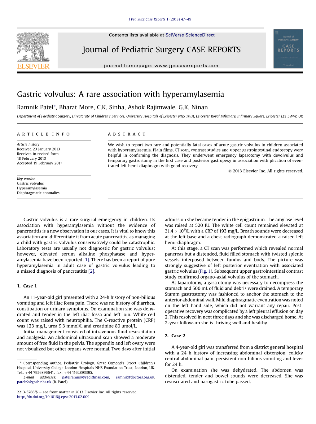 Gastric Volvulus: a Rare Association with Hyperamylasemia