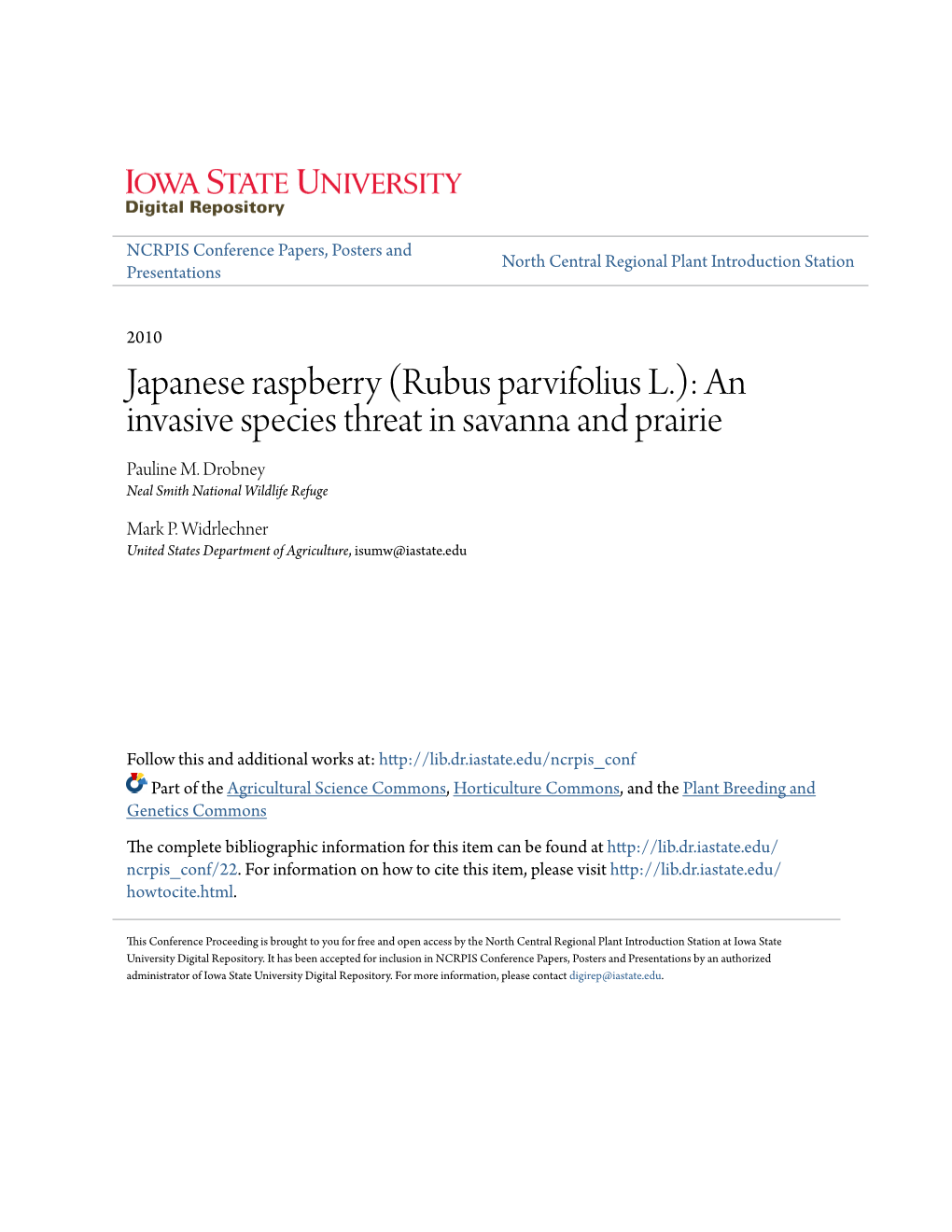 Japanese Raspberry (Rubus Parvifolius L.): an Invasive Species Threat in Savanna and Prairie Pauline M