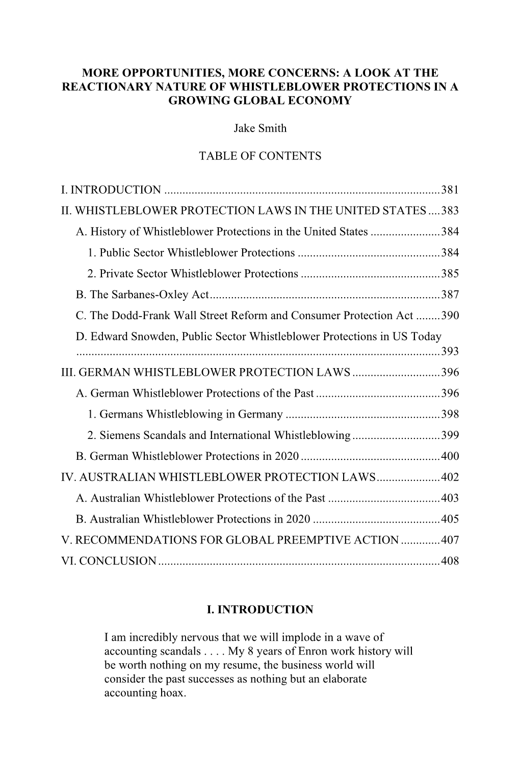 Opportunities, More Concerns: a Look at the Reactionary Nature of Whistleblower Protections in a Growing Global Economy