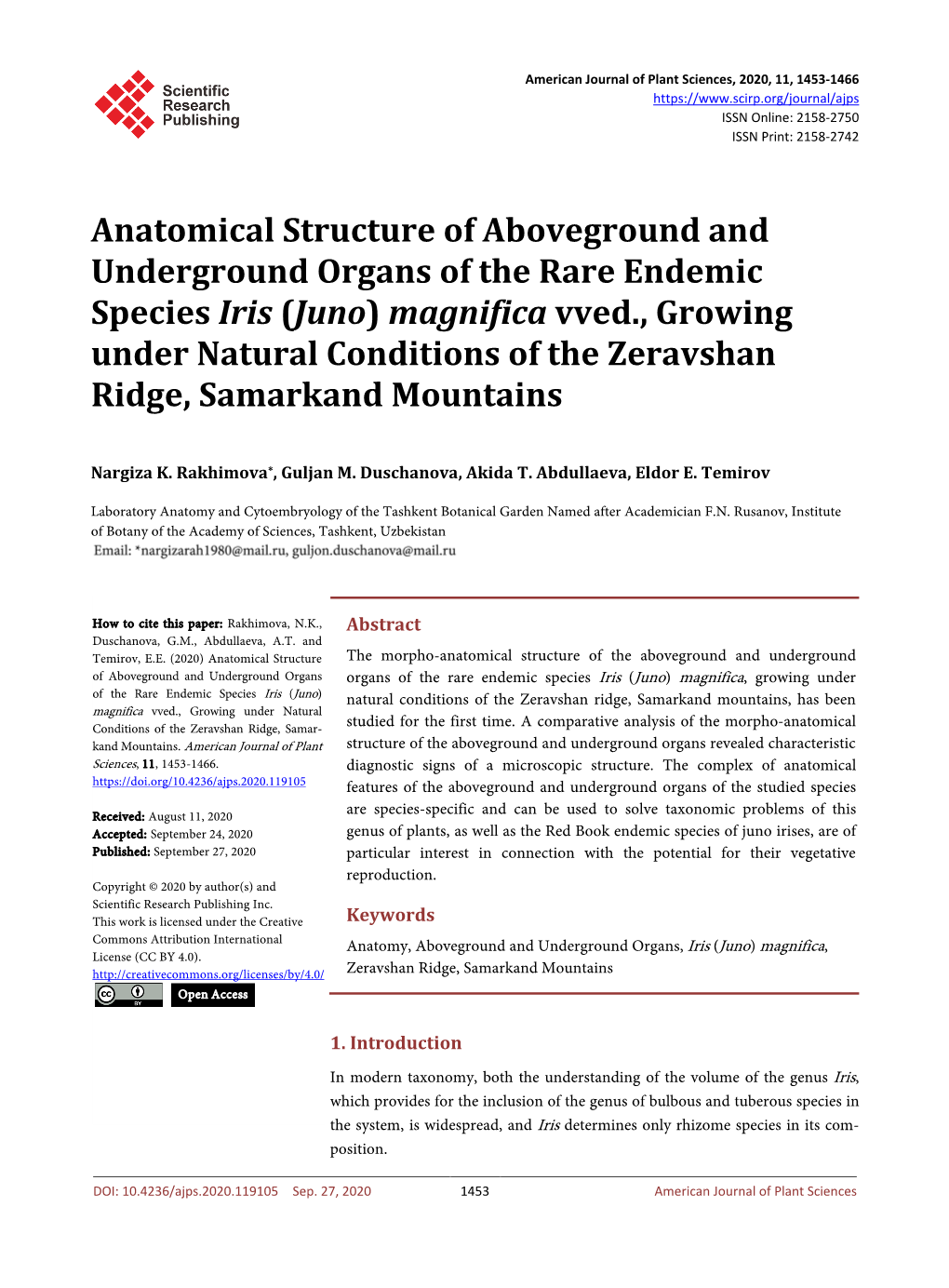 Anatomical Structure of Aboveground and Underground Organs of The