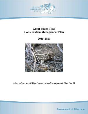 Great Plains Toad Conservation Management Plan 2015-2020