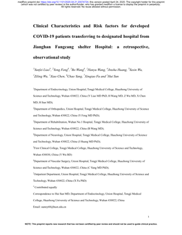 Clinical Characteristics and Risk Factors for Developed COVID-19 Patients Transferring to Designated Hospital from Jianghan Fang