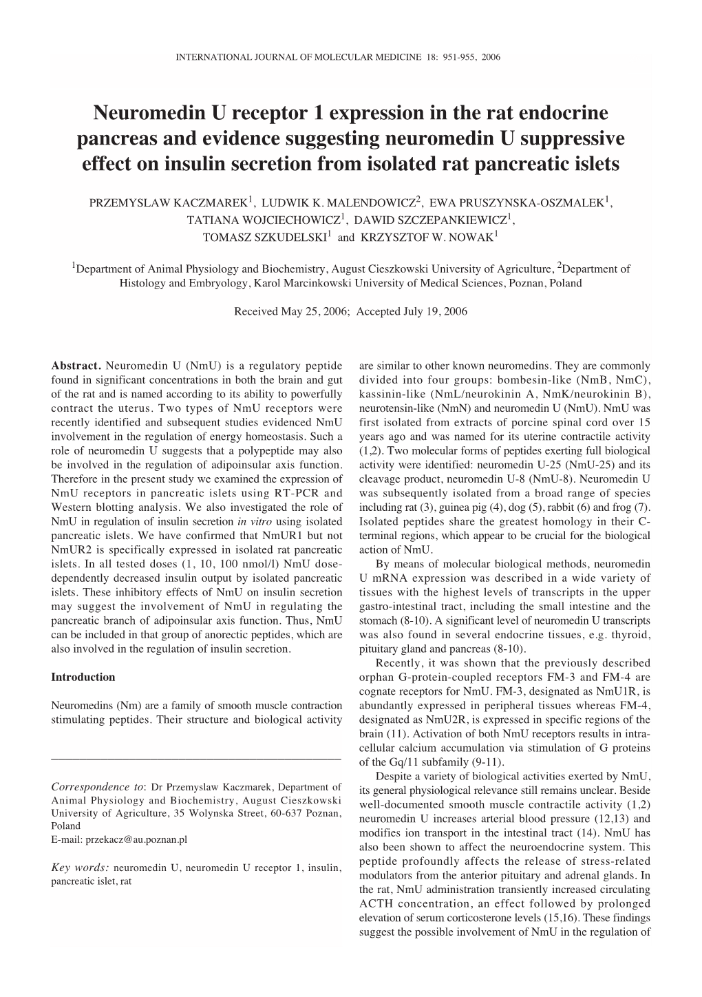 Neuromedin U Receptor 1 Expression in the Rat Endocrine Pancreas And