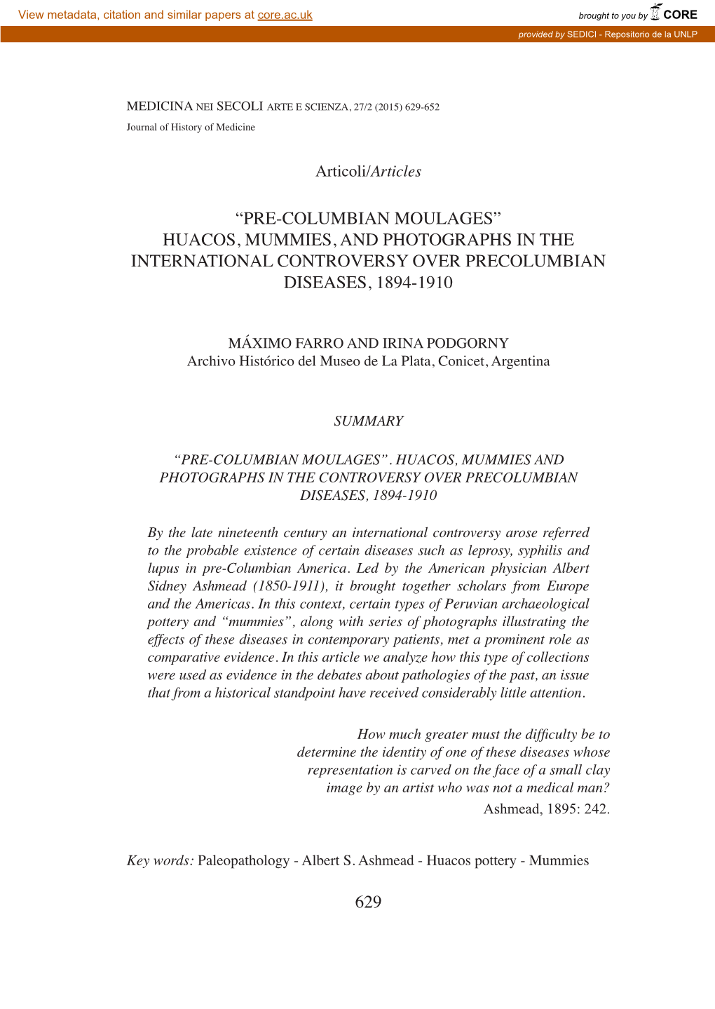 Pre-Columbian Moulages” Huacos, Mummies, and Photographs in the International Controversy Over Precolumbian Diseases, 1894-1910