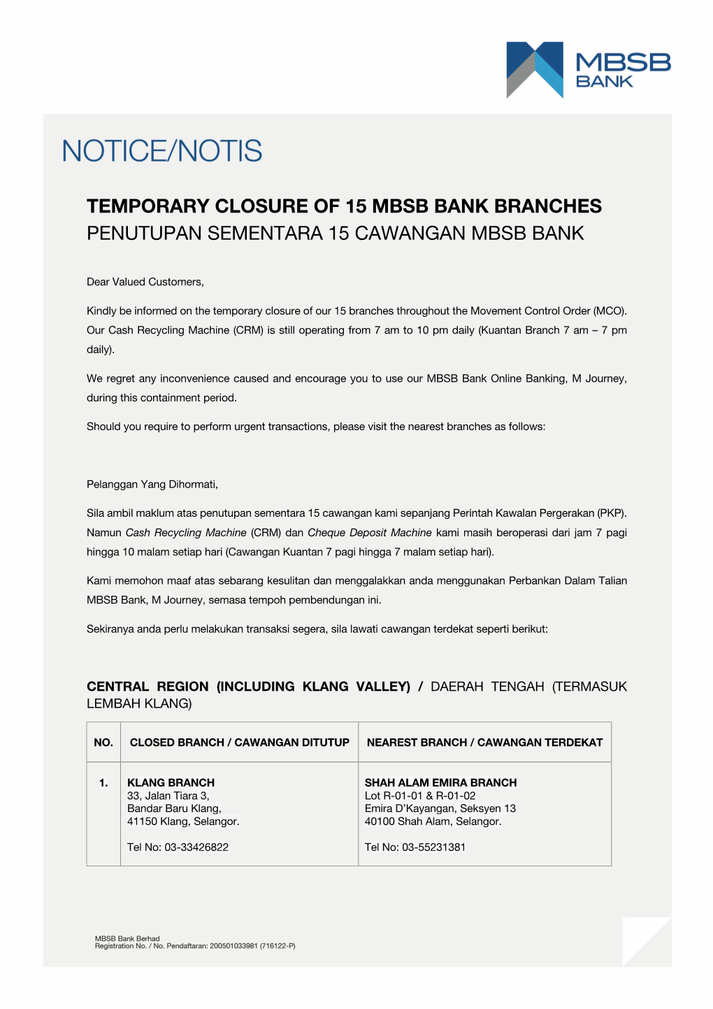 Temporary Closure of 15 Mbsb Bank Branches Penutupan Sementara 15 Cawangan Mbsb Bank