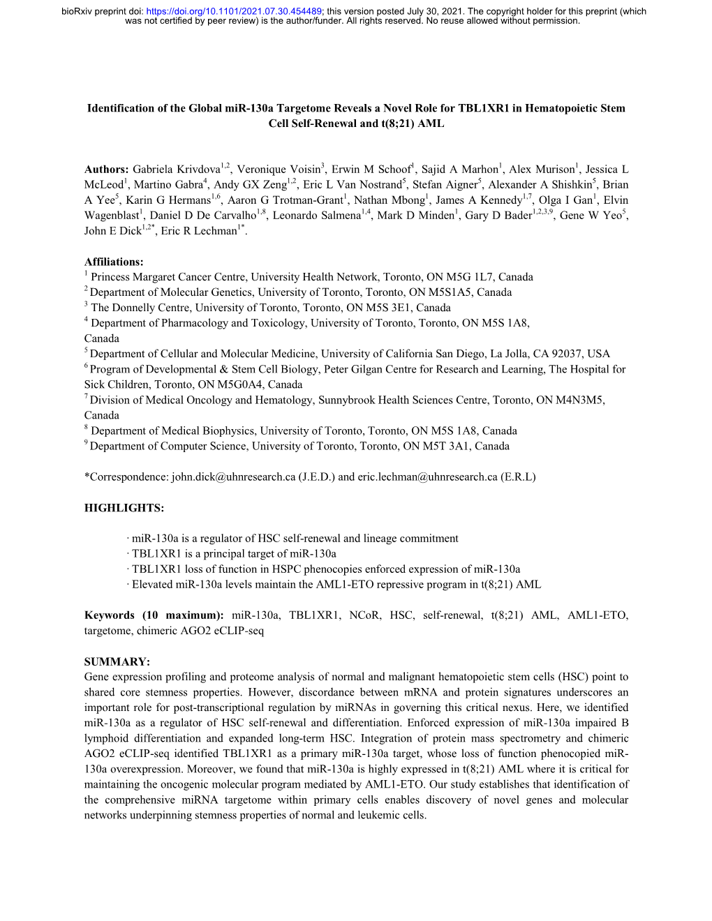 Identification of the Global Mir-130A Targetome Reveals a Novel Role for TBL1XR1 in Hematopoietic Stem Cell Self-Renewal and T(8;21) AML