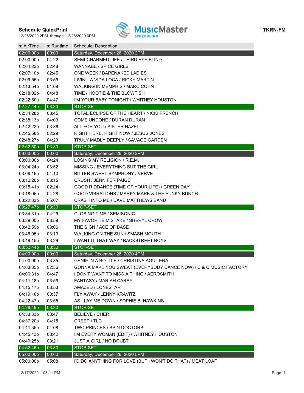 Schedule Quickprint TKRN-FM