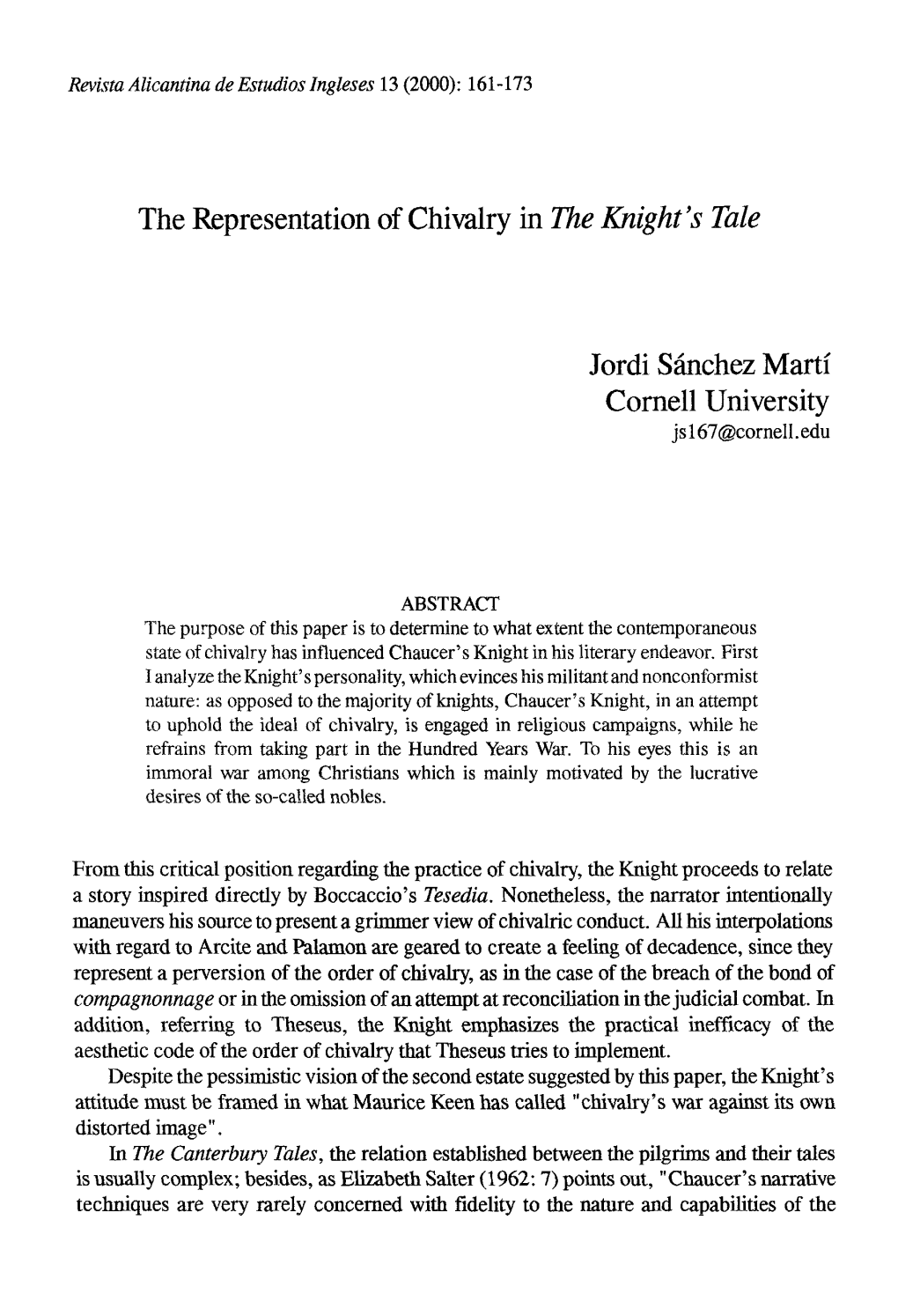 The Representation of Chivalry in the Knight's Tale Jordi Sánchez Martí